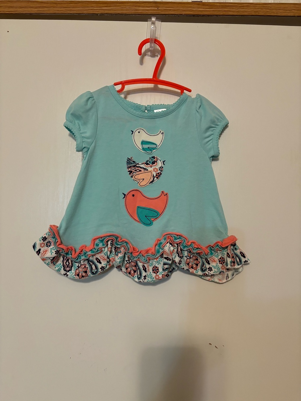 Nursery Rhyme Aqua and Coral Bird Ruffle Dress